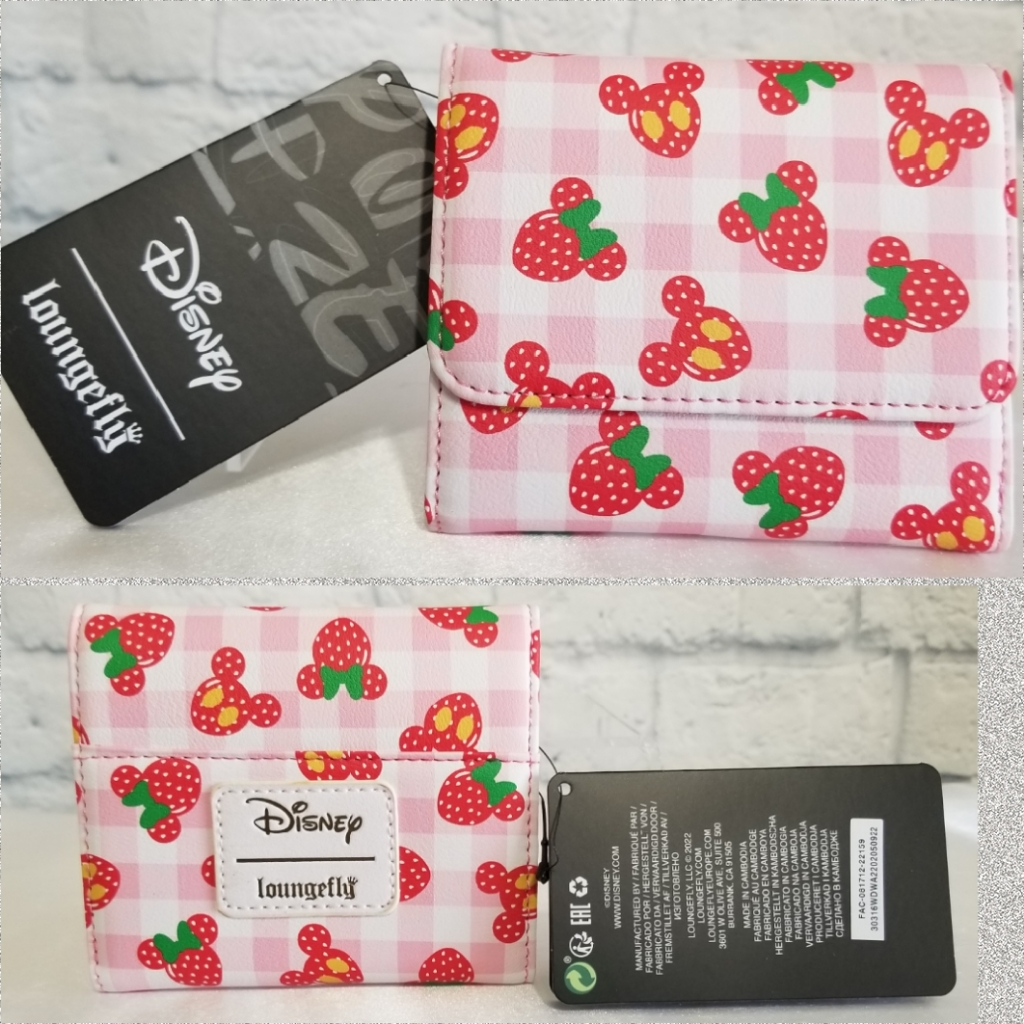 Loungefly Minnie And Mickey Mouse Strawberry Fruit Pink Plaid Disney Wallet New